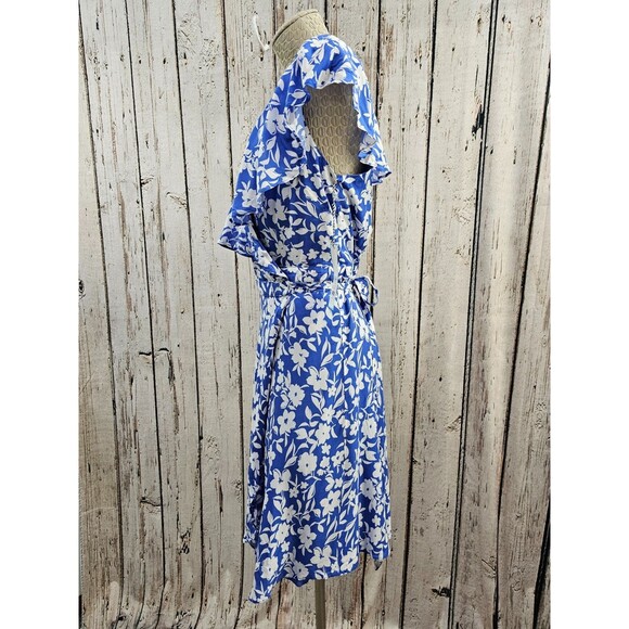 BF Women's Large Draper James RSVP Blue Futter Sleeve Tie Waist Wrap Dress NWT - Picture 7 of 11